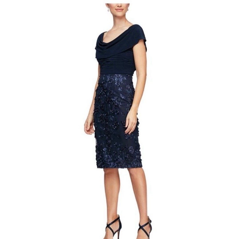 Alex Evening Navy Blue Drape‎ Cowl Neck Rosette Cocktail Sheath Dress Size 10